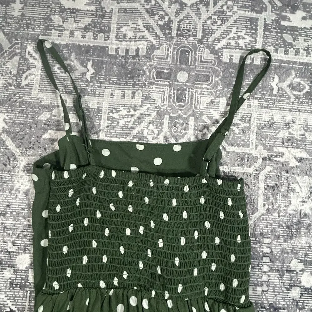 Aéropostale Green White Polka Dot Ruched Midi Dress XS Smocked Back - Picture 3 of 8